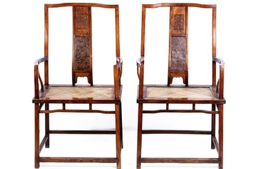 A PAIR OF HUANGHUALI BURLWOOD INSET YOKE BACK CHAIRS
