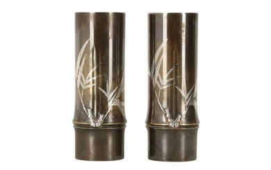 A PAIR OF JAPANESE MIX METAL ‘BAMBOO’ VASES.