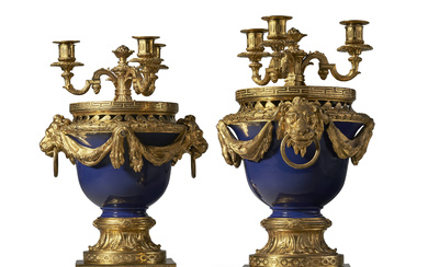 A PAIR OF LATE LOUIS XV ORMOLU AND BLUE-GLAZED EARTHENWARE...
