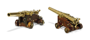 A PAIR OF LATE VICTORIAN BRONZE AND MAHOGANY SCALE-MODELS OF 40LB NAVAL CANNON, BY F. PASCOE, LATE 19TH CENTURY