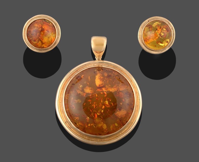 A Pair of 9 Carat Gold Amber Earrings, the round...
