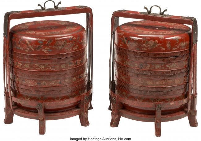 A Pair of Chinese Lacquer Stacking Wedding Baske