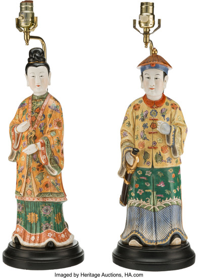 A Pair of Chinese Porcelain Figural Lamps (20th century)