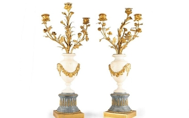 A Pair of French Gilt Bronze and Marble Candelabra