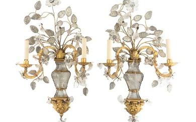 A Pair of Gilt Metal and Rock Crystal Two-Light Sconces