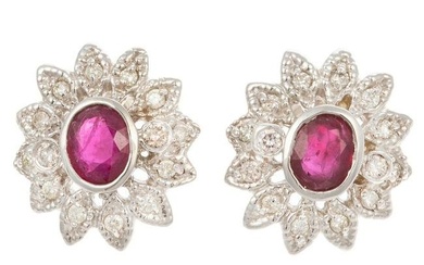 A Pair of Ruby & Diamond Flower Earrings in 14K