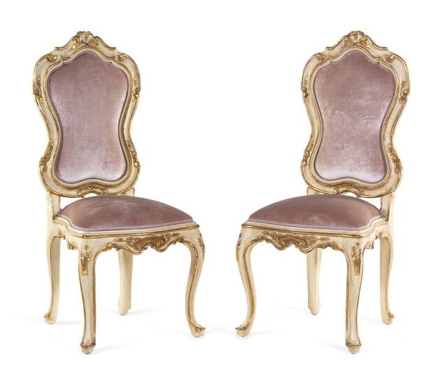 A Pair of Venetian Rococo Style Painted and Parcel Gilt Side Chairs