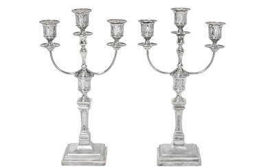 A Pair of Victorian Silver Three-Light Candelabra Maker's Mark CF, Perhaps for Charles Favell, Sheffield, 1883