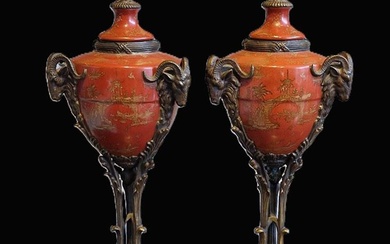 A Pair of Vintage Empire Style Urns/ Cassolettes. The orange glazed bodies enriched with gilt Chinoi