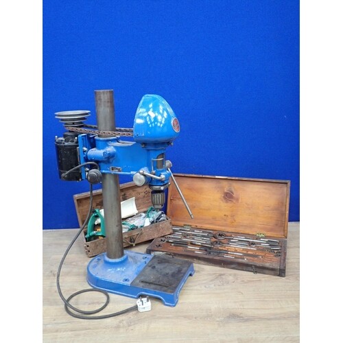 A Pillar Drill and two wooden boxes of Clamps and Tools