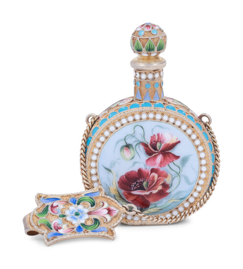 A Russian Enameled Silver-Gilt Scent Flask and Clip