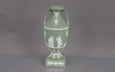 A Wedgwood green jasperware trophy vase urn