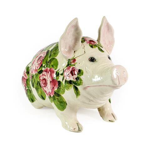 A Wemyss Pottery Pig, early 20th century, naturalistically modelled seated, painted with pink...