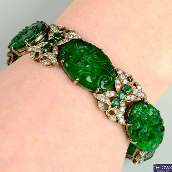A carved A-type jade, brilliant-cut diamond and emerald bracelet.