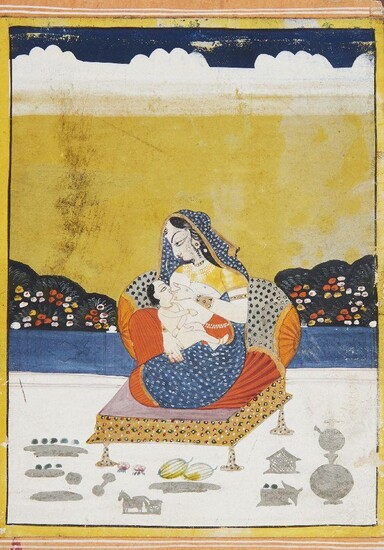 A courtesan breast feeding a child, Kishangarh, India, 19th century, opaque pigments on paper heightened with gilt, depicted on a jewelled throne with an array of silver and gold vessels, 16 x 12cm Provenance: Private German Collection formed in...