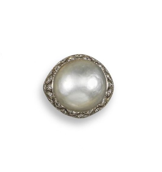 A cultured pearl and diamond ring, the cultured...