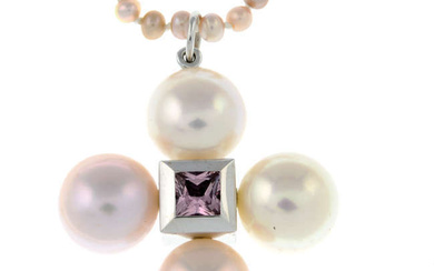 A cultured pearl and tourmaline pendant, with cultured pearl chain.