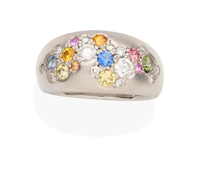 A diamond and coloured sapphire cluster ring