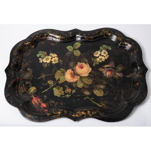 A large Victorian tole-ware tray: of cartouche-shaped outlin...