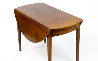 A late Georgian mahogany and satinwood Pembroke table with two demi lune drop leaves flanking a
