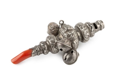 A late Victorian silver baby's rattle and whistle, hung with...