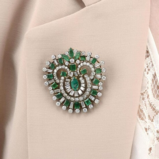 A mid 20th century vari-cut emerald and diamond