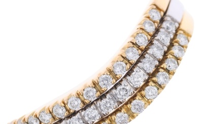 A modern 18ct three colour gold diamond wave band ring, set ...