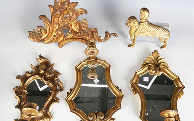 A pair of 20th century giltwood girandole wall mirrors, height 34cm, together with a group of giltwo