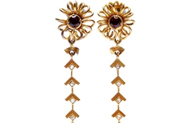 A pair of 9ct garnet and diamond drop earrings, central garn...