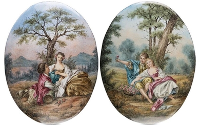 A pair of Austrian enamel plaques, in the manner of Jean-Antoine Watteau, late 19th century, each with a Fete Galante study with courting couples in landscape settings, monogrammed CSK, 14.5cm high, 11cm wide