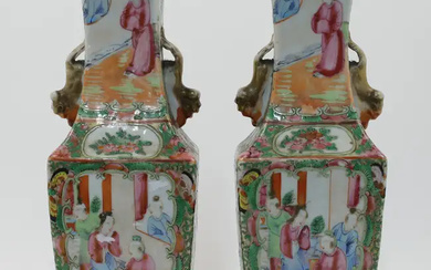 A pair of Chinese Canton famille rose square baluster vases, late 19th...