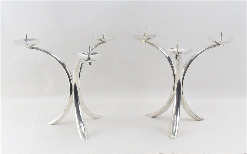 NOT SOLD. A pair of German three-armed silver candlesticks. Maker Emil Hermann Waldstetten, 20th century....