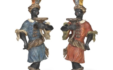 A pair of Venetian giltwood and polycrome decorated blackamore figures. Italy, 18th/19th century. H. 155 cm. (2)
