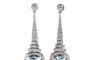 A pair of aquamarine and diamond long drop earrings