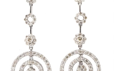 A pair of diamond ear pendants each set with numerous brilliant-cut diamonds weighing a total of app. 2.06 ct., mounted in 14k white gold. L. 4 cm. (2)