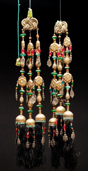 A pair of gilded silver, coral and turquoise head ornaments- Uzbek/Bukhara -1870-1900