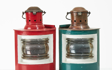 A pair of lanterns, early 20th century, starboard and port, green and red painted copper plates, photogen-powered, marked with three crowns, St and numbered 18602.