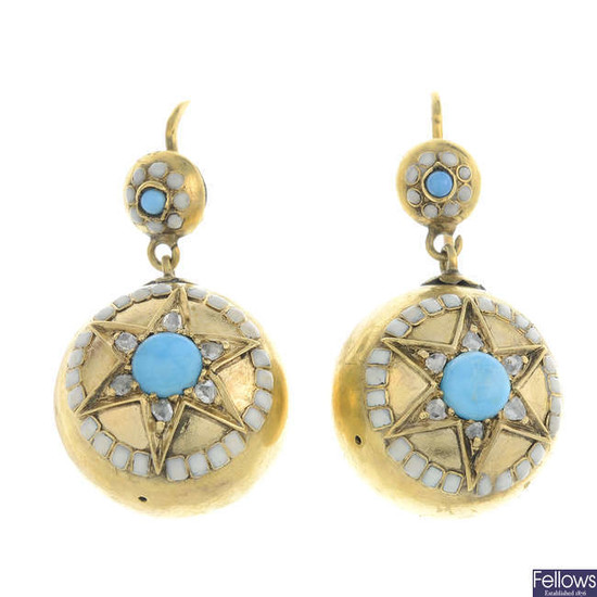 A pair of mid 19th century gold turquoise, rose-cut diamond and enamel earrings.