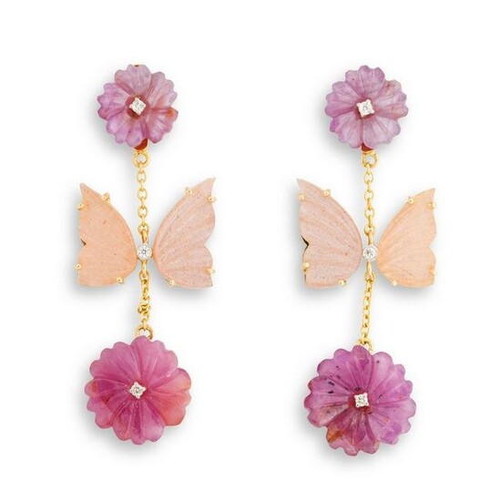 A pair of pink sapphire, moonstone and eighteen karat
