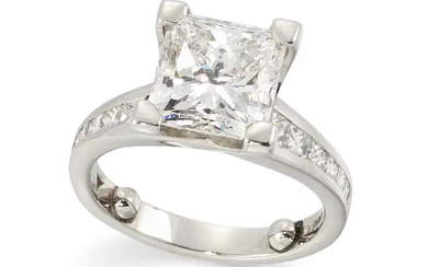 A platinum diamond single stone ring, the princess cut diamond with a...