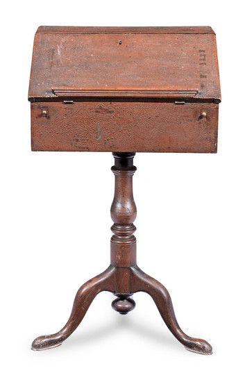 A rare George III red-painted oak, pine and beech standing-desk on tripod stand, circa 1770