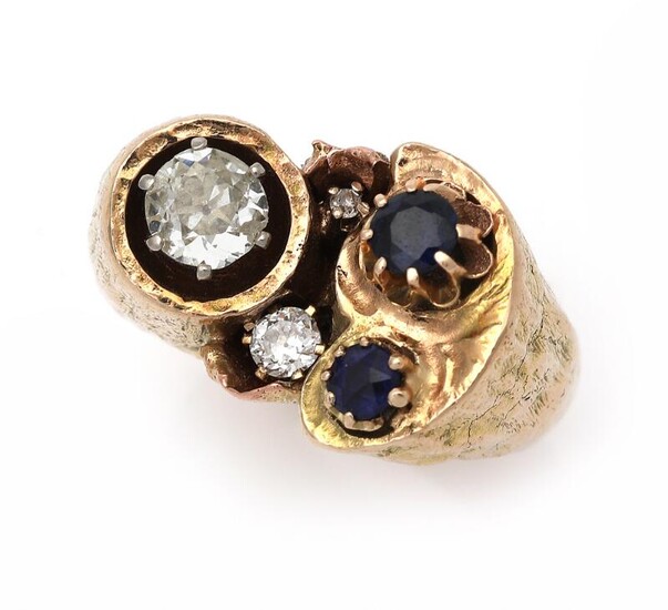 NOT SOLD. A sapphire and diamond ring set with two circular-cut sapphires and three old-cut diamonds, mounted in 14k gold. Size 51. Weight app. 34 g. – Bruun Rasmussen Auctioneers of Fine Art
