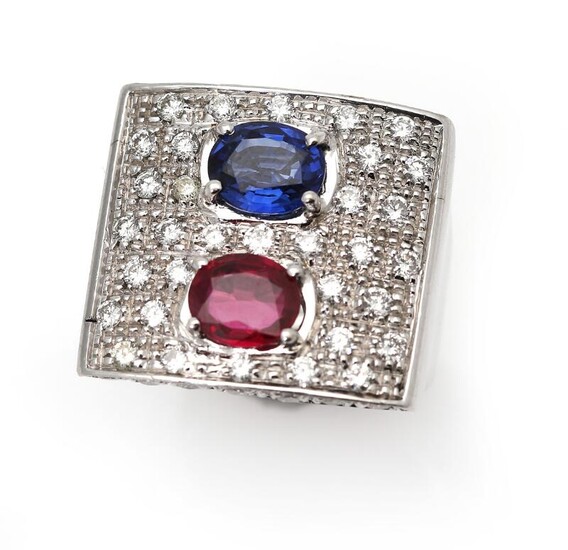 NOT SOLD. A sapphire, ruby and diamond ring set with a sapphire and a ruby encircled by numerous diamonds, mounted in 18k white gold. Size app. 48. – Bruun Rasmussen Auctioneers of Fine Art
