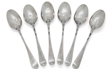 A set of six George III silver 'Galleon' picture-back teaspoons, London, c.1765, William Tant, Old English pattern, the reverse of each spoon with a left-facing galleon, the fronts of terminals scratch initialled TD, 12.3cm, total weight approx...