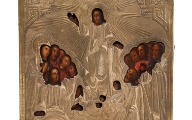 A small Russian icon showing the Resurrection of Christ with silver oklad, late 19th century (icon)