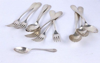 A suite of five pieces of cutlery and a small silver spoon, single flat model with raised edges.
