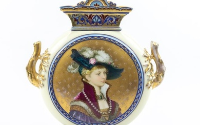 A tall French Aesthetic porcelain vase, late 19th/early 20th century, the front with portrait of