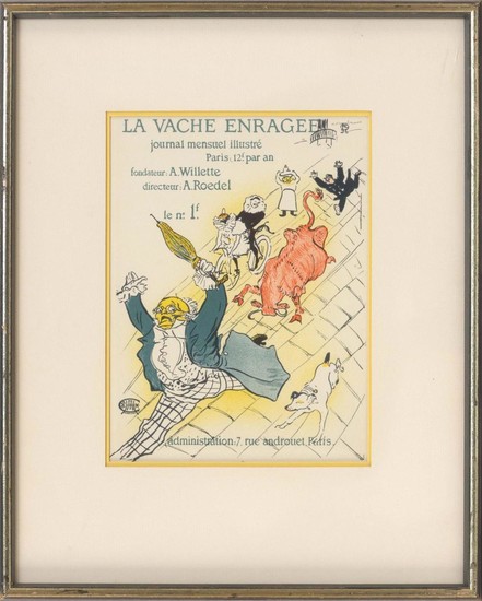 AFTER HENRI DE TOULOUSE-LAUTREC, France, 1864-1901, "La Vache Enragée"., Color lithograph on paper, 12" x 9" sight. Framed 21" x 17".