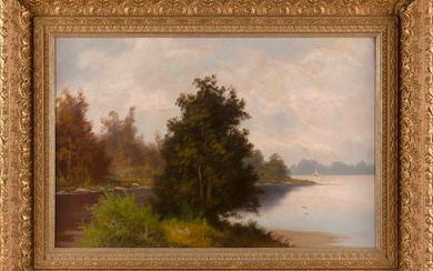 AMERICAN SCHOOL (Early 20th Century,), Lake scene with distant boat., Oil on board, 20" x 30".
