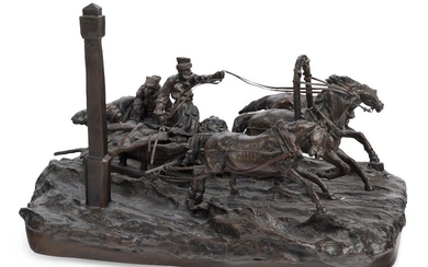 After Vasilii Grachev, Russian, 1831-1901, late 20th century, a bronze troika group, on a rectangular naturalistic base, realistically cast as an izvozchik driving three horses, 41cm wide